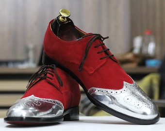Handmade Goodyear Welted Red Suede Leather Brogue Wingtip Shoes