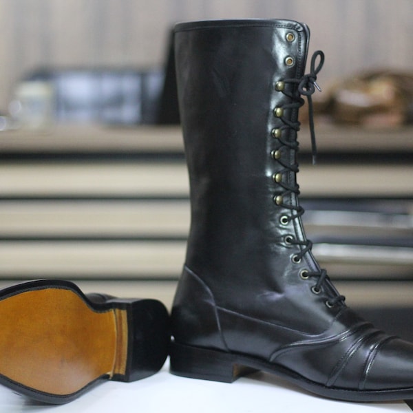 Unleash Style: Handmade Long Cap Toe Leather Black Boots for Men - Elevate Your Wardrobe with Trending Fashion