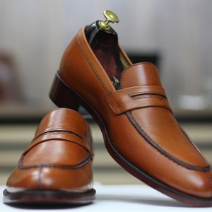 Handmade Penny Loafers, Leather Brown Loafers For Men's