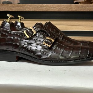 Experience Refinement: Handmade Brown Leather Alligator Texture Double Monk Shoes for Men