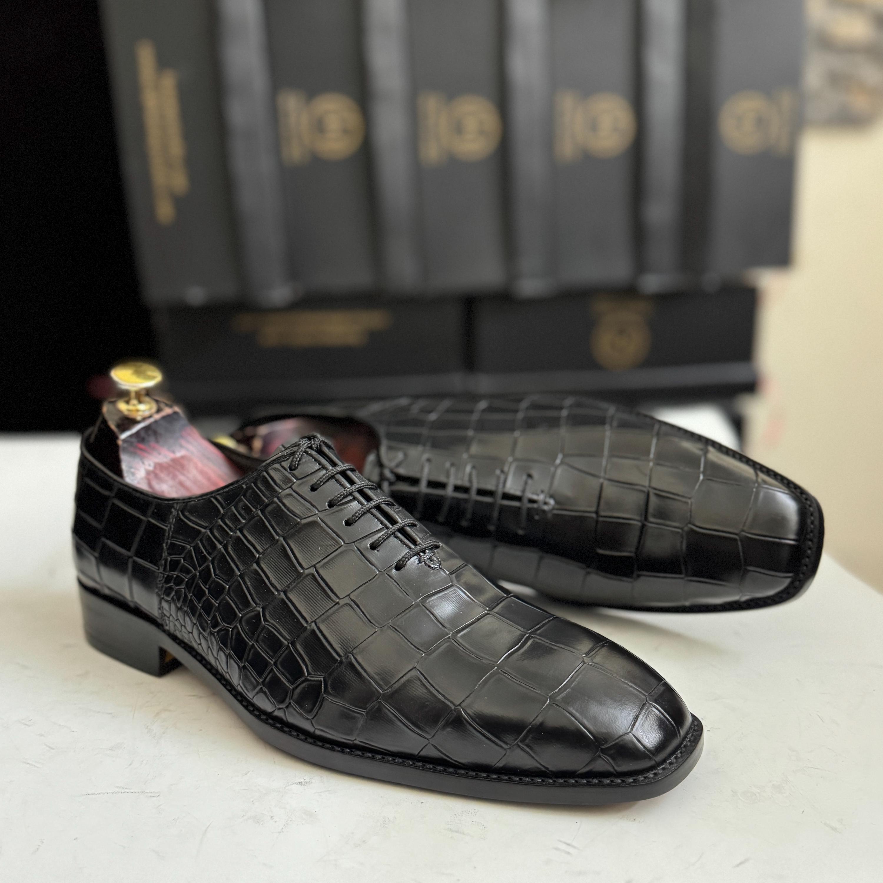 Picture of Handmade Black Crocodile-embossed Leather Oxford Shoes - Etsy
