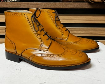 Handmade Tan Leather Wingtip Boots: Men's Brogue Ankle Boots