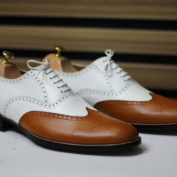 Handmade Wing Tip Brogue Brown & White Goodyear Welted Lace Up Shoes For Men's