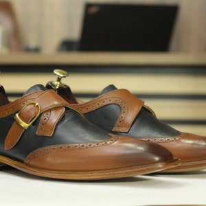 Two tone monk strap shoe tan black leather mens
