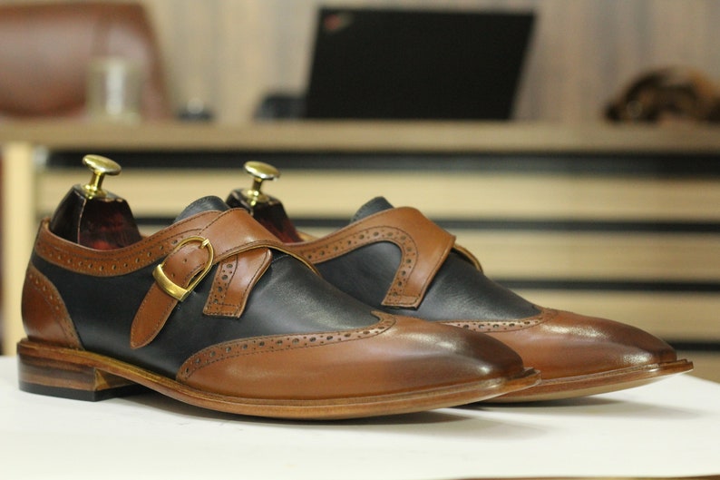 Two tone monk strap shoe tan black leather mens