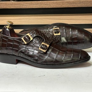 Experience Refinement: Handmade Brown Leather Alligator Texture Double Monk Shoes for Men