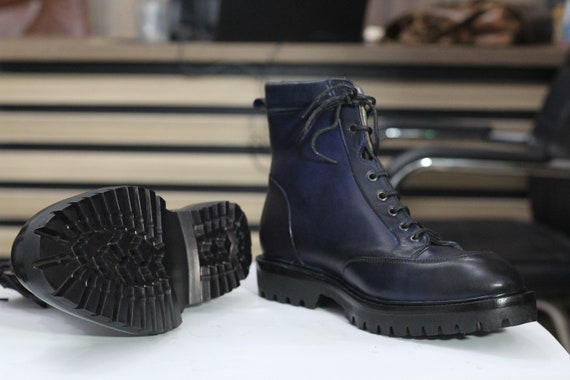 Navy Blue Patina Leather Boots, Lug Sole Lace Up, Mens Handmade Boot