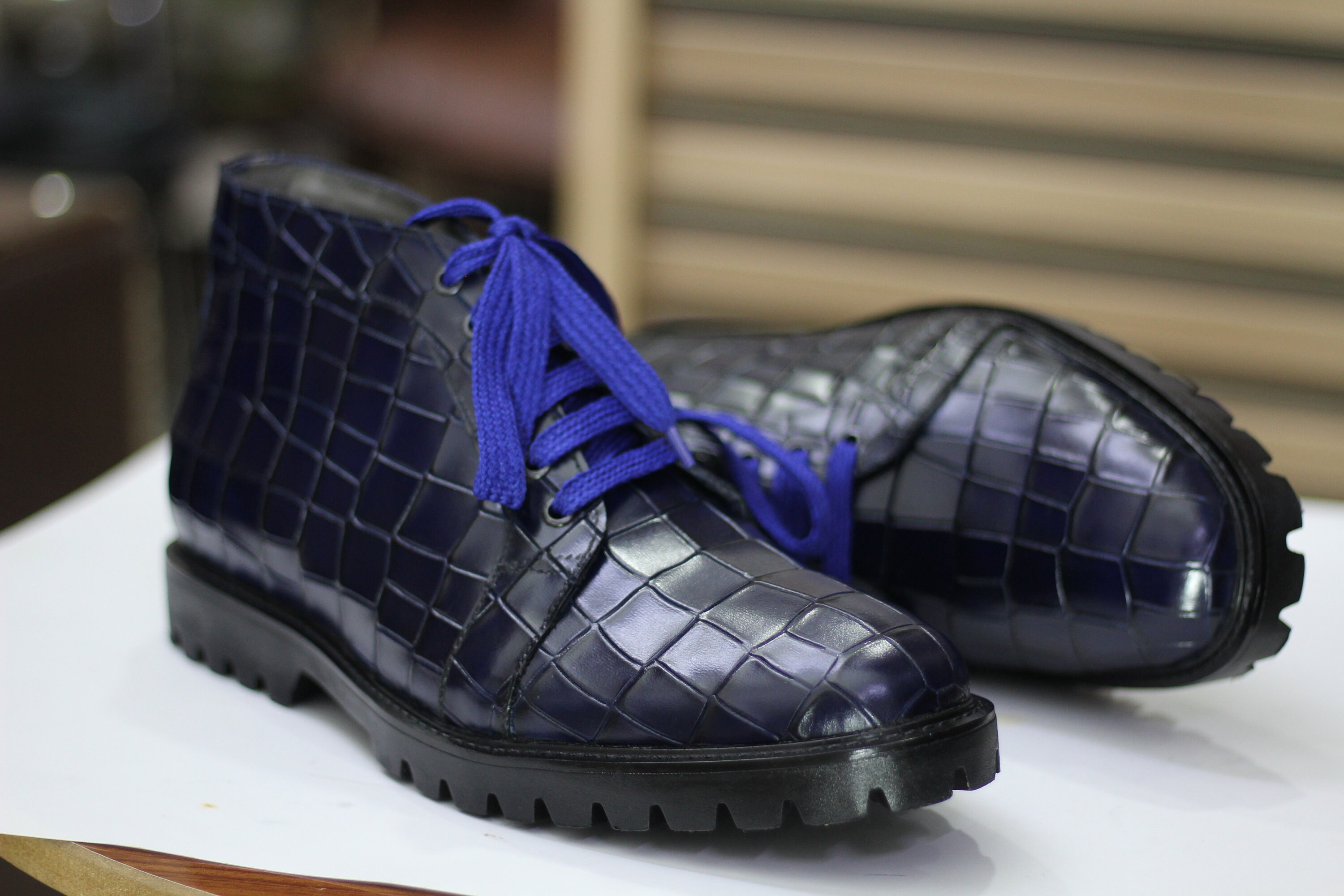 Handmade Blue Alligator Textured Leather Chukka Boots for Men