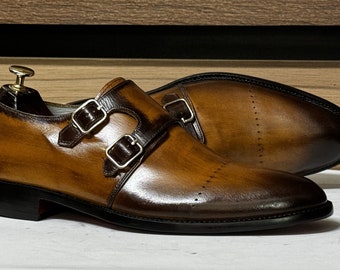 Handcrafted Pure Leather Double Monk Strap Toe Cap Dress Shoes for Men