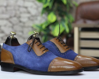 Handmade Cap Toe Blue and Brown Leather  Shoes, Two Tone Shoes For Men