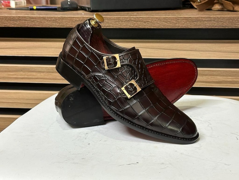 Experience Refinement: Handmade Brown Leather Alligator Texture Double Monk Shoes for Men