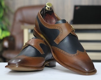 Zapatos de vestir para hombre con hebilla, estilo monk strap, dos tonos, cuero marrón y negro.