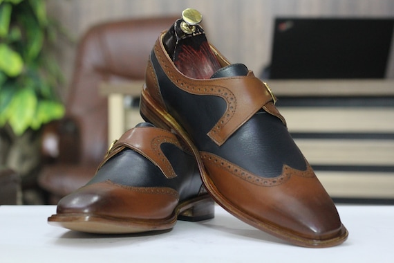 Two Tone Wingtip Monk Strap Shoe, Tan Black Leather, Mens Buckle Dress Shoe