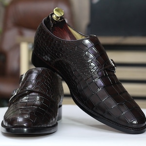 Handmade Double Monk Black Alligator Textured Shoes, Leather Double Monk Shoes For Men's