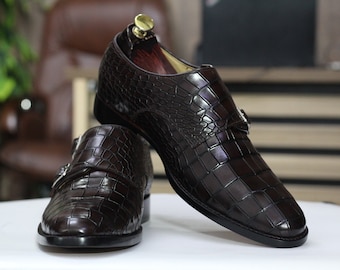 Handmade Alligator Textured Leather Double Monk Shoes for Men