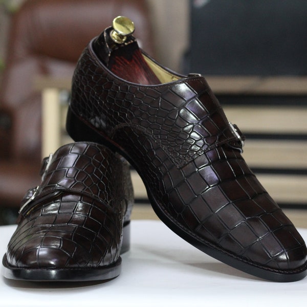 Handmade Double Monk Black Alligator Textured Shoes, Leather Double Monk Shoes For Men's