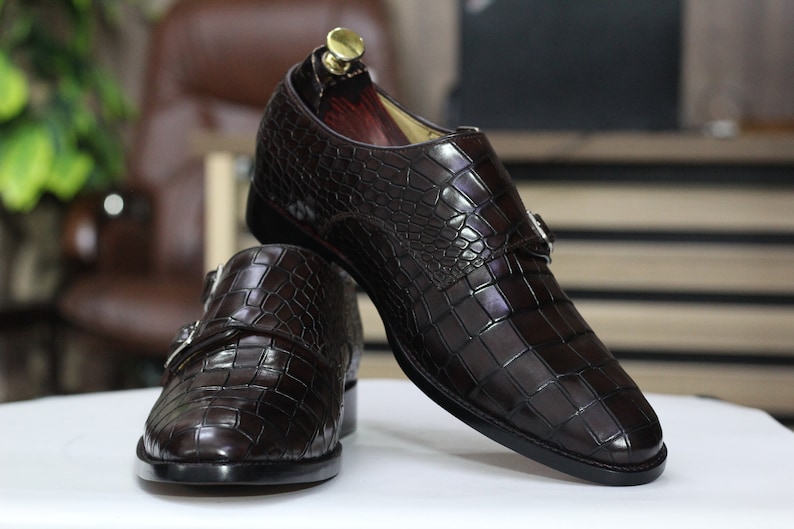 Handmade Double Monk Black Alligator Textured Shoes, Leather Double Monk Shoes For Men's