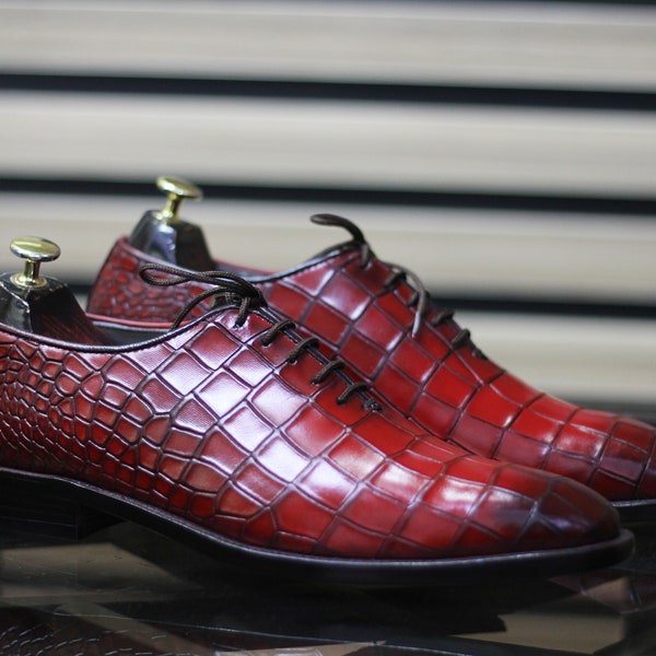 Step in Luxury with Handmade Alligator Texture Leather Lace-Up Dress Shoes for Men