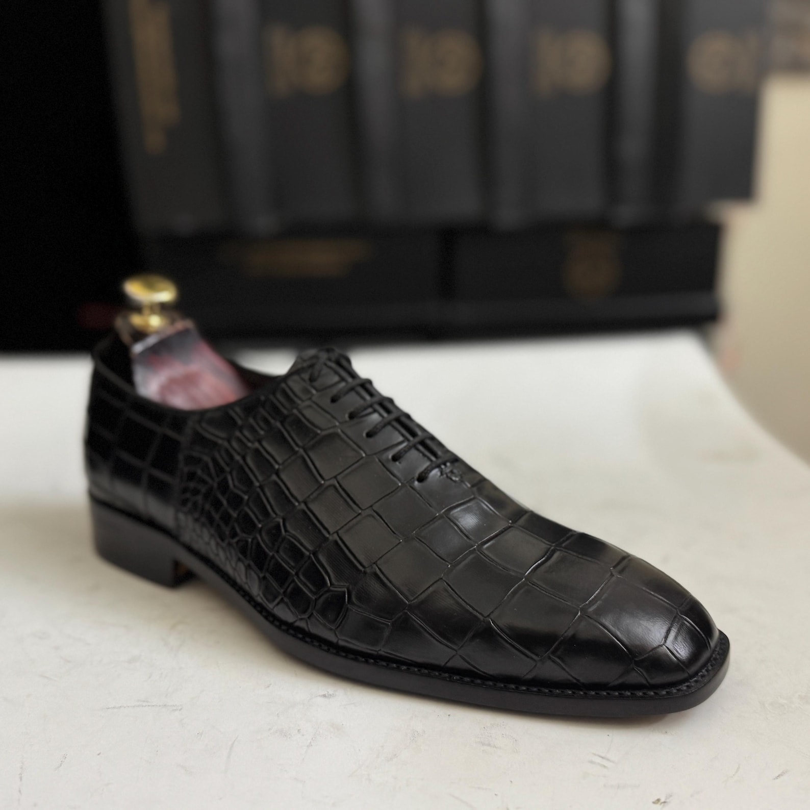 View of Handmade Black Crocodile-embossed Leather Oxford Shoes - Etsy