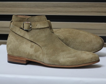 Botas de gamuza con hebilla Jodhpur, botines de piel de vaca para hombre