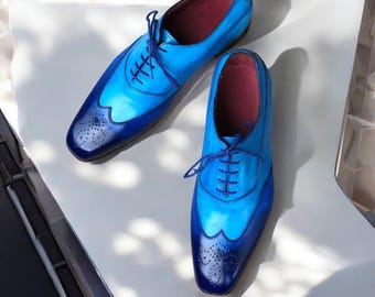 Handmade Blue Leather Oxford Shoes: Wingtip Brogue Dress Shoes