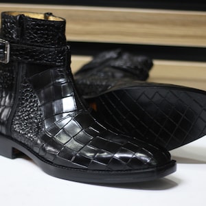 Handmade Alligator Textured Cowhide Leather Side Zipper Buckle Boots, Black Boots For Men&#39;s