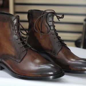 Handmade Two-Tone Lace-Up Leather Brown Boots for Men.