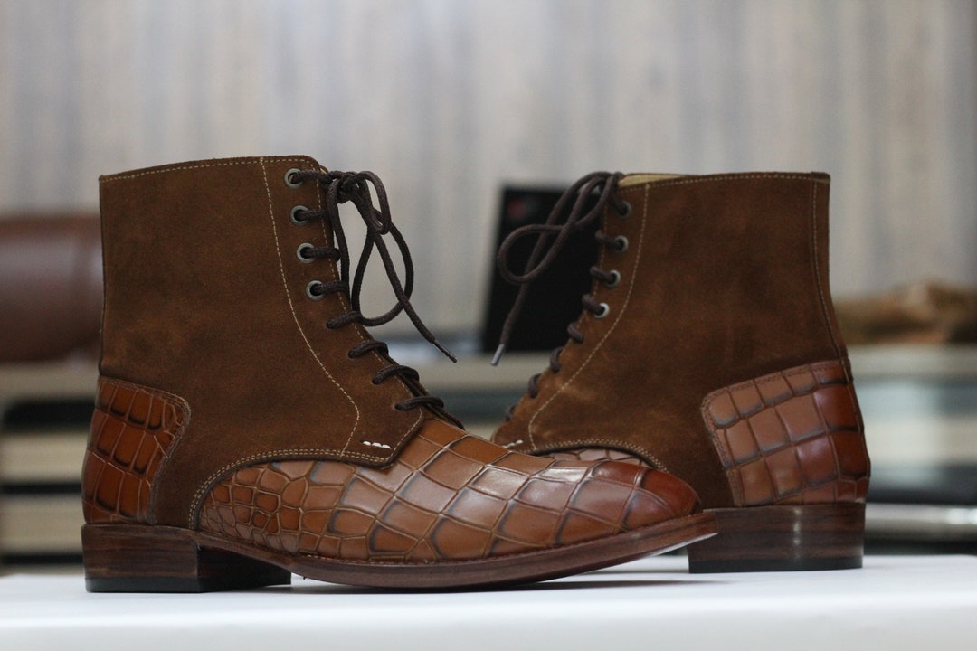 Two Tone Alligator Textured Boots, Leather Brown Boots for Men's