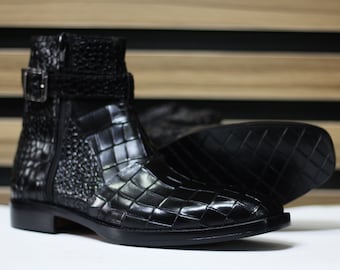 Bottes en cuir de vachette texturé alligator faites main avec boucle à glissière latérale, bottes noires pour hommes