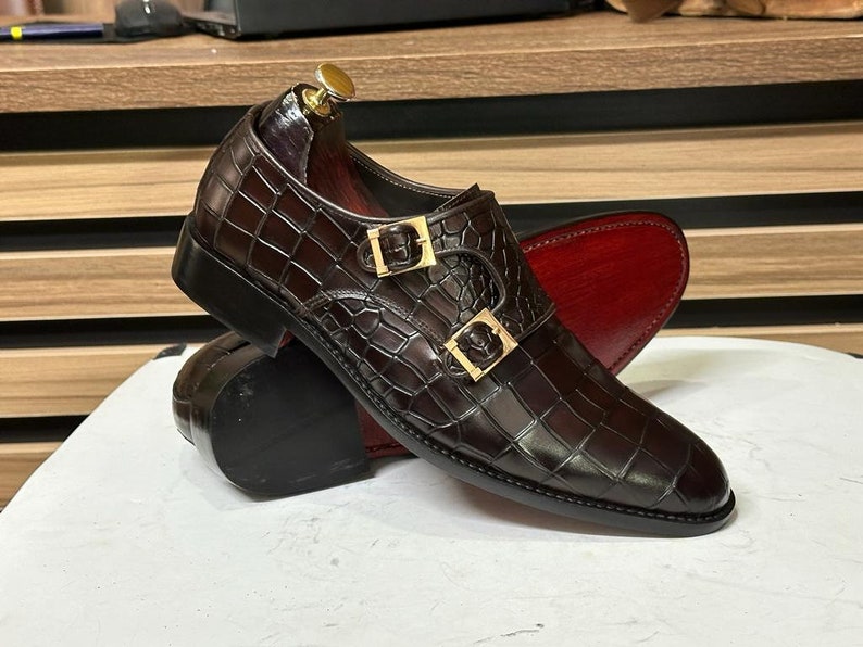 Experience Refinement: Handmade Brown Leather Alligator Texture Double Monk Shoes for Men