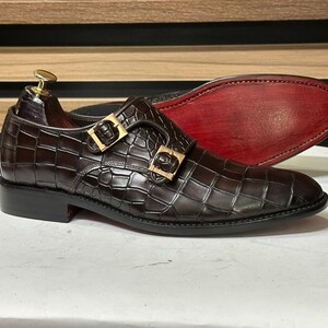Experience Refinement: Handmade Brown Leather Alligator Texture Double Monk Shoes for Men