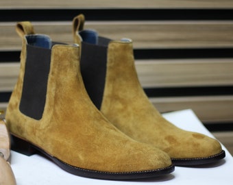 Handmade Goodyear Welted Suede Chelsea Slip-On Boots, Camel and Brown Shades for Me