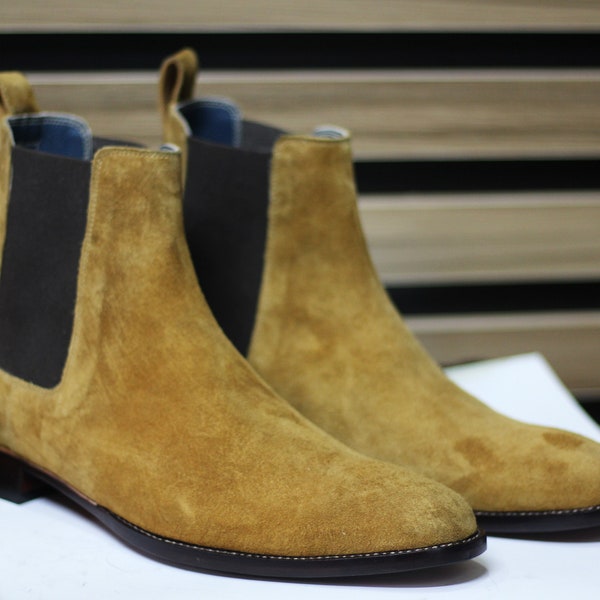 Handmade Goodyear Welted Suede Chelsea Slip-On Boots, Camel and Brown Shades for Me