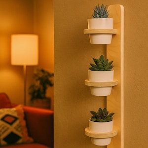 May include: A vertical wooden wall planter with three white ceramic pots, each holding a small succulent plant. The planter is mounted on a tan wall, with a blurred background showing a red couch and lamp.