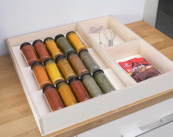 Custom Spice Drawer Organizer – Adjustable Birch Plywood Kitchen Drawer Insert – Handmade Spice Rack for Cabinet Organization