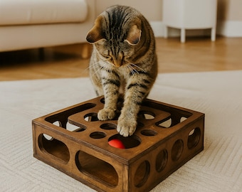 Interactive Cat Toy Box – Wooden Ball Hunt Game for Cats