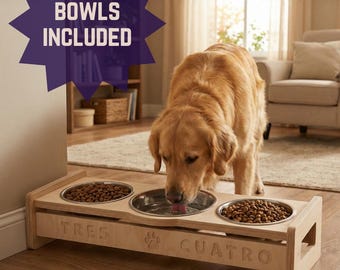Custom Elevated Feeder with Tilted Bowls, Triple Raised Dog Bowls Stand, Ergonomic Feeding Station, Dog Gift Idea