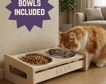 Custom Elevated Feeder with Tilted Bowls, Double Raised Cat & Small Dog Bowls Stand, Ergonomic Feeding Station, Cat Gift Idea