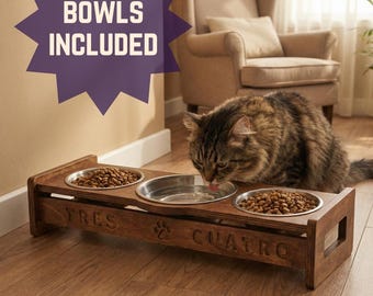 Custom Elevated Feeder with Tilted Bowls, Triple Raised Cat & Small Dog Bowls Stand, Ergonomic Feeding Station, Cat Gift Idea