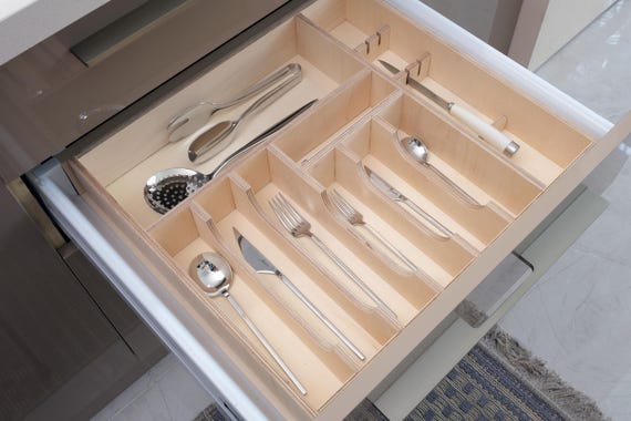 Custom Kitchen Drawer Insert – Birch Plywood Drawer Organizer –  Handmade Wooden Organizer for Utensils & Cutlery