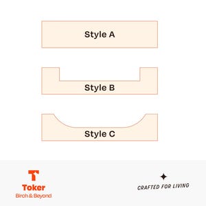 May include: Three different styles of wooden trays are displayed against a white background. Each tray is a light beige color and labeled with a style name: Style A, Style B, and Style C. The Toker Birch & Beyond logo is in the bottom left corner.