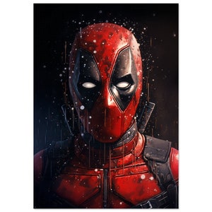 May include: A close-up portrait of Deadpool, a fictional superhero, with a red and black mask and suit. The background is dark with red and white paint splatters.