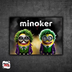 Cyfrowy plakat 4K Joker Minion, dziwaczna grafika z kreskówek w wysokiej rozdzielczości, dekoracja ścienna z motywem złoczyńcy, drukowana sztuka z czarnym humorem, 1996