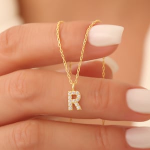 Custom Pave Initial Necklace with Gemstone, Pave Letter Necklace with Zirconia Stone, Personalized Charm Letter Necklace, Christmas Gift