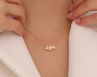 14K Solid Gold 3D Bubble Name Necklace, Personalized Letter Jewelry