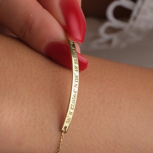 Personalized 14K Solid Gold Bar Bracelet, Dainty Number Bracelet, Custom Engraved Bracelet For Men, Coordinate Name Bracelet, Christmas Gift