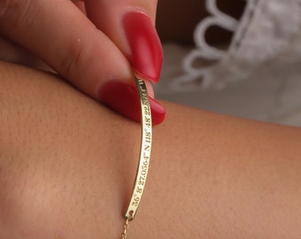 Personalized 14K Solid Gold Bar Bracelet, Dainty Number Bracelet, Custom Engraved Bar Bracelet For Men, Minimalist Name & Number Bracelet