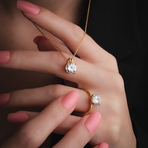 Elegant CZ Diamond Necklace Set with Earrings, Ring, Dainty Solitaire Necklace, Earrings, Ring Set For Romantic Gift, Prong Set Gemstone