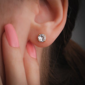 Sparkling CZ Diamond Solitaire Earrings, Elegant Zirconium Gemstone Jewelry, Delicate Zirconium Studs, Natural Zirconium Solitiare Earrings