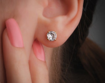 Sparkling CZ Diamond Solitaire Earrings, Elegant Zirconium Gemstone Jewelry, Delicate Zirconium Studs, Natural Zirconium Solitiare Earrings